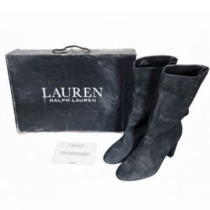 LAUREN Ralph Lauren Artizan Black Suede Mid Calf Boots Block Heel 8.5 B Open Box